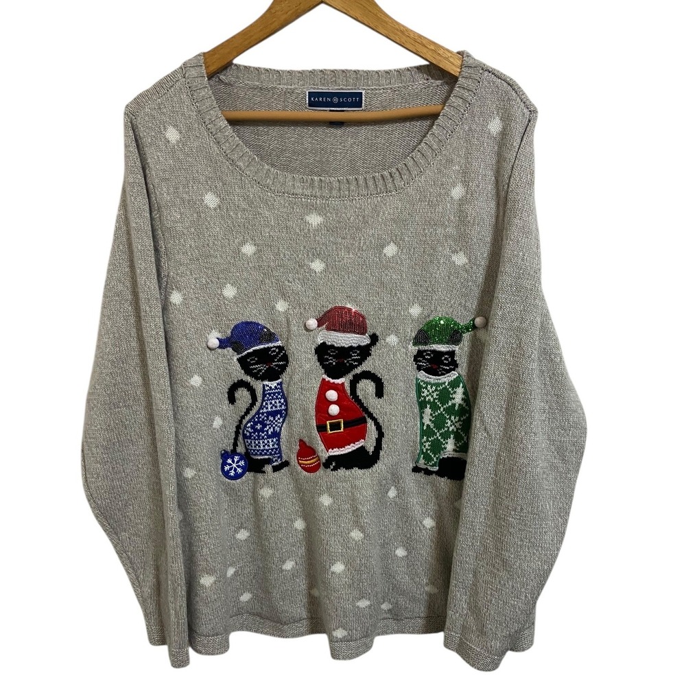 Karen Scott Gray Knit Christmas‎ Cat Sweater Novelty Festive Winter Holiday 3X